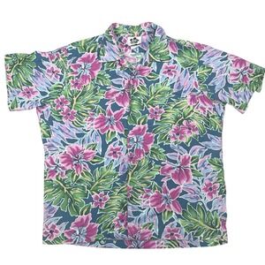 Hilo Hattie Hawaiian Aloha Shirt Men's XL Blue Pink Floral Made in Hawaii USA